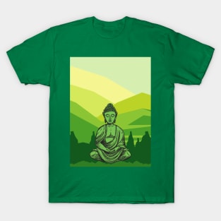 Vibrant Green and Yellow Mountain Buddha Graphic T-Shirt